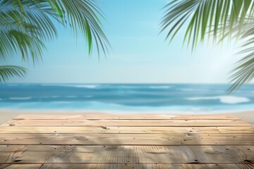 Wall Mural - Wooden Tabletop with Blurred Beach and Palm Tree Background