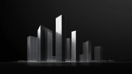 Wall Mural - Black and white cityscape with tall buildings and reflections.