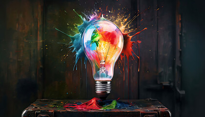 Wall Mural - Creative light bulb, on rustic wooden toolbox, exploded with colorful paints and splashes on a dark background. Creativity thinking concept