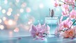 © Tanakorn - A beautiful perfume bottle surrounded by delicate orchids, set against a dreamy blue background with soft bokeh lights.