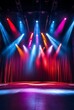 © Lucianastudio - A grand stage with heavy curtains illuminated by vibrant, colorful stage lights, creating a warm and inviting atmosphere