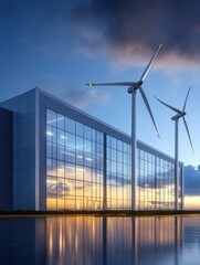 Canvas Print - Wind turbines surrounding an aerospace facility represent a significant leap towards sustainability in the industry.