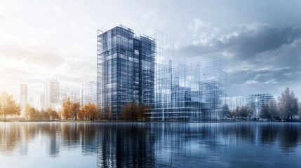 Wall Mural - A modern skyscraper reflected in a still lake, with a cityscape behind it.