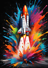 Wall Mural - Creative space rocket exploded with colorful paints and splashes on a dark background. Creativity thinking concept