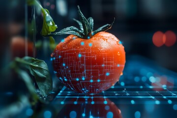 a vibrant tomato with digital circuitry patterns, symbolizing the fusion of technology and agricultu