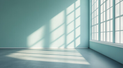 Wall Mural - empty room with pastel blue walls, large windows casting soft shadows