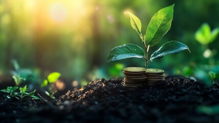 A green plant grows from the soil next to stacked coins, symbolizing the connection between nature and financial growth in a serene, sunlit environment