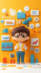 Fototapete - Cartoon character standing in front of a wall with various charts and diagrams.