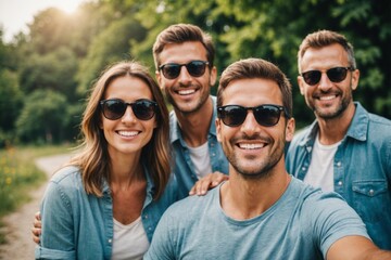 Happy family wearing dark sunglasses having fun on summer vacation