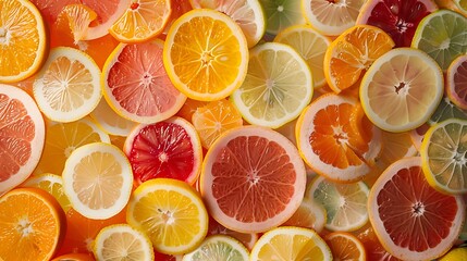 Close-up slices of various citrus fruits. A great selection of lemons, limes, grapefruits, and oranges are shown from different angles and with different lighting conditions.