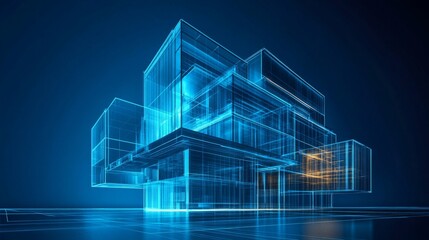 Wall Mural - Futuristic building wireframe model with blue and orange glow.