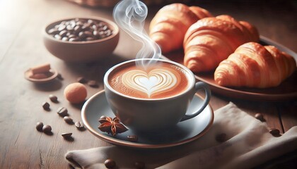 Steaming coffee, A steaming cup of latte art coffee resting on a wooden surface, surrounded by coffee beans