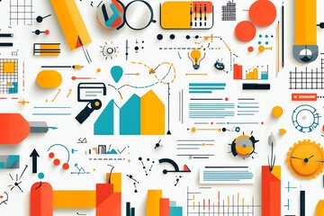 Fototapete - Colorful Abstract Business Strategy Design with Charts, Graphs and Icons.