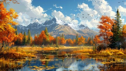 Wall Mural - portrait of forest and river in autumn in the afternoon