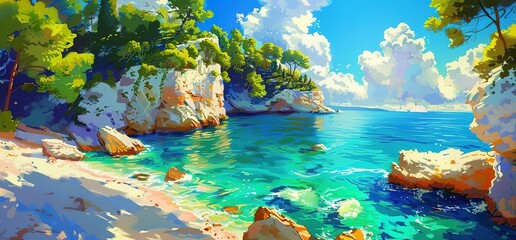 Canvas Print - Vibrant illustration of a picturesque Mediterranean beach with turquoise water, white sand, and lush green cliffs. Perfect for travel, vacation, and summer themes.