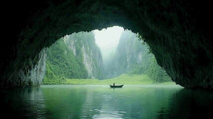 A serene cave landscape with a calm green lake, featuring a lone boatman amidst towering cliffs and lush vegetation.