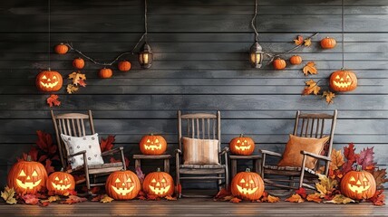 Wall Mural - Inviting front porch with glowing jack-o'-lanterns arranged alongside rustic wooden chairs and colorful autumn leaves