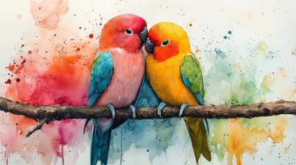 Watercolor lovebirds snuggled together on a branch, with vibrant hues.