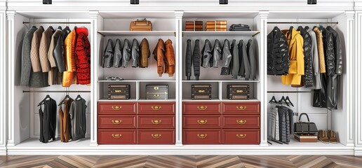 Well organized closet with clothes, bags and accessories hanging neatly on hangers and drawers.  A modern and stylish closet design with sleek white cabinets and red drawers.