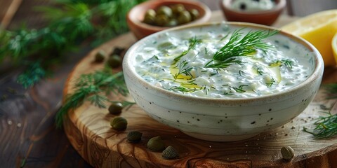 Tartar sauce with dill capers lemon shallot onion Worcester sauce and Dijon Mustard in a bowl on a wooden board