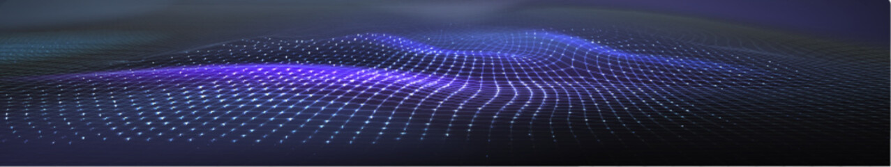 Wall Mural - abstract neon glow blue and purple wireframe 3d wave or mountain map for new retro wave background. 