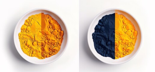 Two white bowls, one with half turmeric powder and half black sesame seeds. Both ingredients are popular in Asian cuisine.