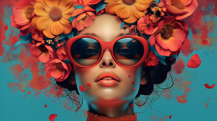 Wall Mural - bright and timeless collage vintage woman poster. contemporary drawing of female in glasses and flow