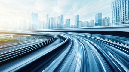 Wall Mural - Highway overpass motion blur effect with modern city skyline background