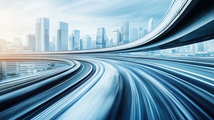 Wall Mural - Highway overpass motion blur effect with modern city skyline background