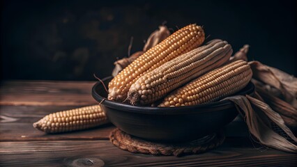 Wall Mural -  a rustic setting with several ears of corn placed in a dark bowl on a wooden surface. The corn is still in its husks, which are partially peeled back to reveal the kernels