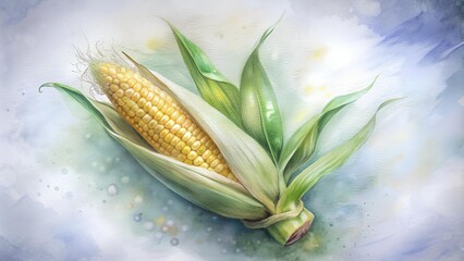 Wall Mural - an artistic illustration of an ear of corn. The corn is partially husked, revealing the yellow kernels, while some green husks and leaves are still attached