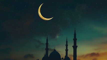 Wall Mural - Crescent Moon and Silhouetted Mosque Against a Starry Night Sky