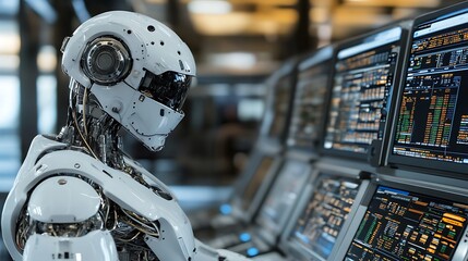 A white humanoid robot with a metallic body looks at a computer screen. The robot appears to be in a control room. The computer screen displays a complex and technical interface.