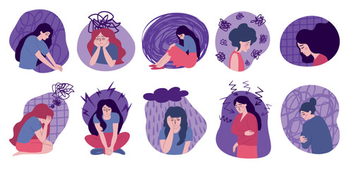 Anxiety woman. Grief, sad and fear girl, worry and cry about violence and pain, suffering and exhausted by stress. Mental health care. Cartoon flat illustration. Vector depression concept