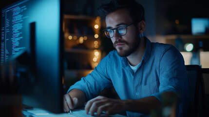 Young man coding on a computer at night in a cozy workspace filled with warm lights