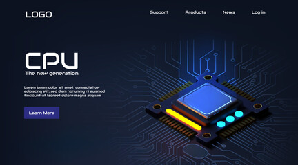 Poster - Circuit background. Chip board. CPU microchip. Tech computer information of hardware. Micro processor. Electronic motherboard. Cyber engineering. PC microprocessor. Vector banner design