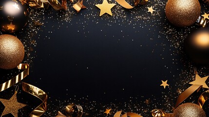 Poster - New Years Eve corner border banner of glittery gold stars, streamers, decorations and noisemakers