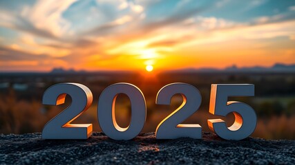 New year concept banner. Number 2025 on beautiful sunrise background.	