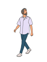 Wall Mural - Business man walking. Stylish bearded man wearing smart casual outfit. Vector cartoon realistic illustration isolated on transparent background.