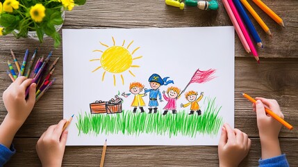 Charming child's art depicting pirates on a treasure hunt adventure, featuring a treasure chest, bright sun, and simplistic white paper on wooden table setting. Nostalgic and imaginative playtime conc