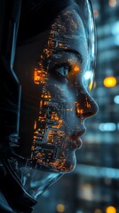 Aufkleber - Futuristic Cyborg Woman with Digital Interface.