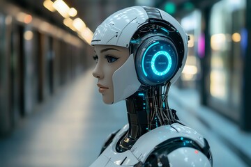 Aufkleber - Futuristic Cyborg Woman with Glowing Interface.