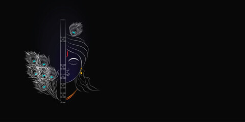 lord krishna line art vector illustration on dark background. 