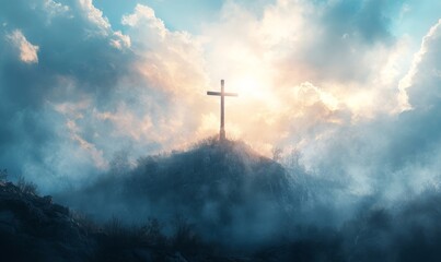 Wall Mural - holy cross symbolizing the death and resurrection of Jesus Christ with The sky over Golgotha Hill is shrouded in light and clouds, Generative AI