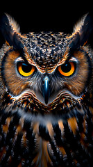 A close up of an owl's face with its eyes open and yellow. The owl's eyes are large and seem to be staring at the viewer. The image has a dark background, which adds to the mysterious
