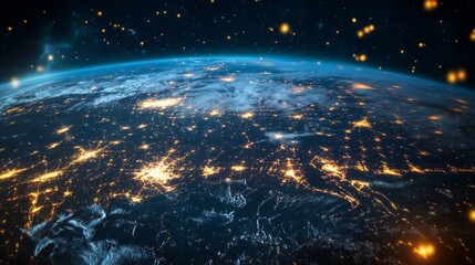 Poster - Earth at night with city lights and stars.