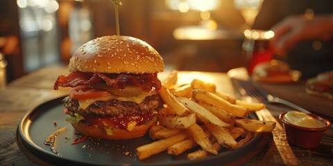 Sticker - Plated bacon burger and pommes frites