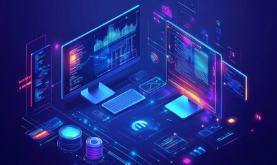 Developing software, designing websites, and coding isometric banners. Computer technology for creation of software. Digital technology for developing, Generative AI