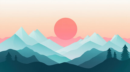 Poster - A serene D minimalist mountain landscape showcases soft pastel hues and clean lines, perfect for modern decor.