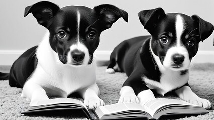 Wall Mural - two dogs are laying on a carpet and one is reading a book.